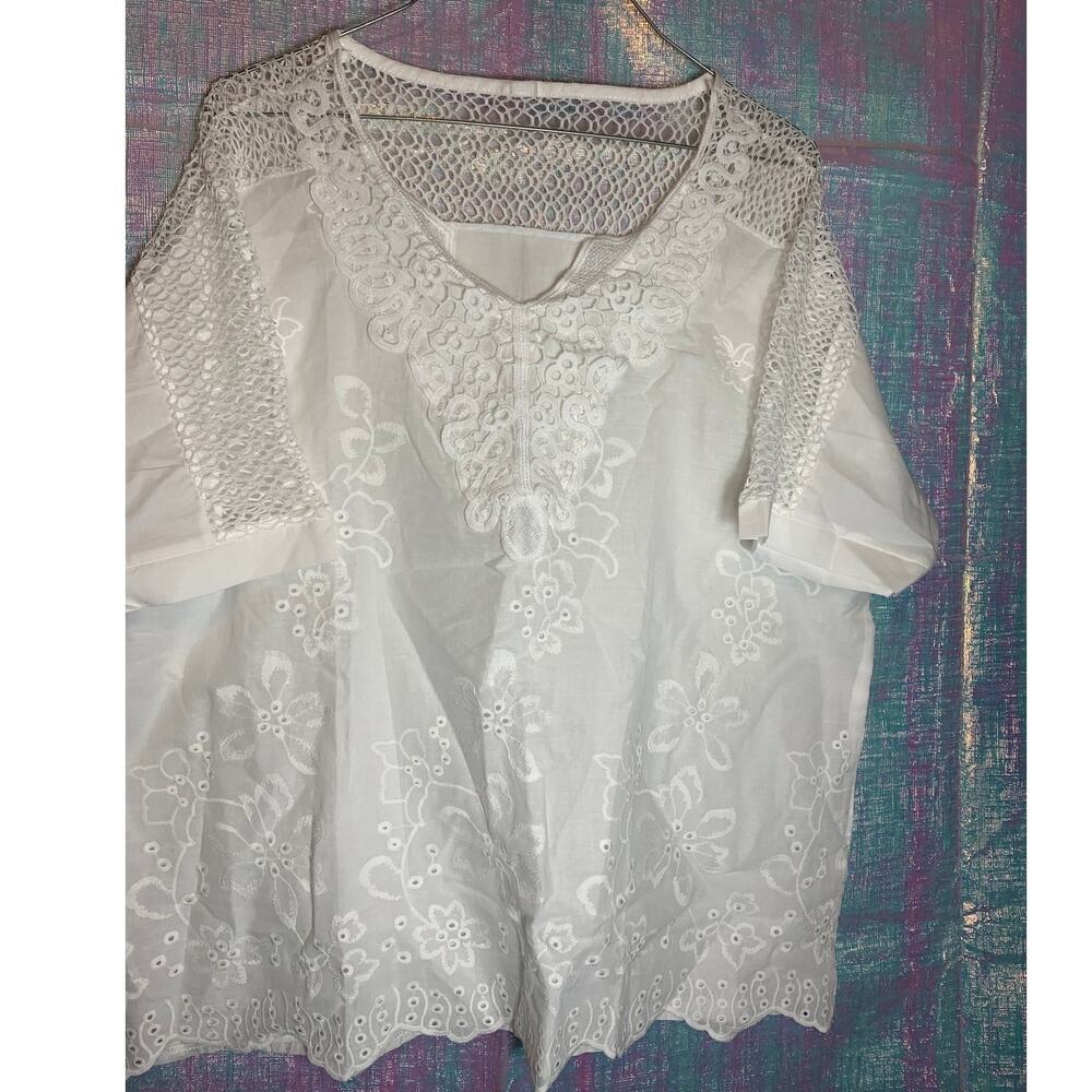 White Lace Embroidery Blouse Short Sleeve Top Womens Lg Cottagecore Fairycore